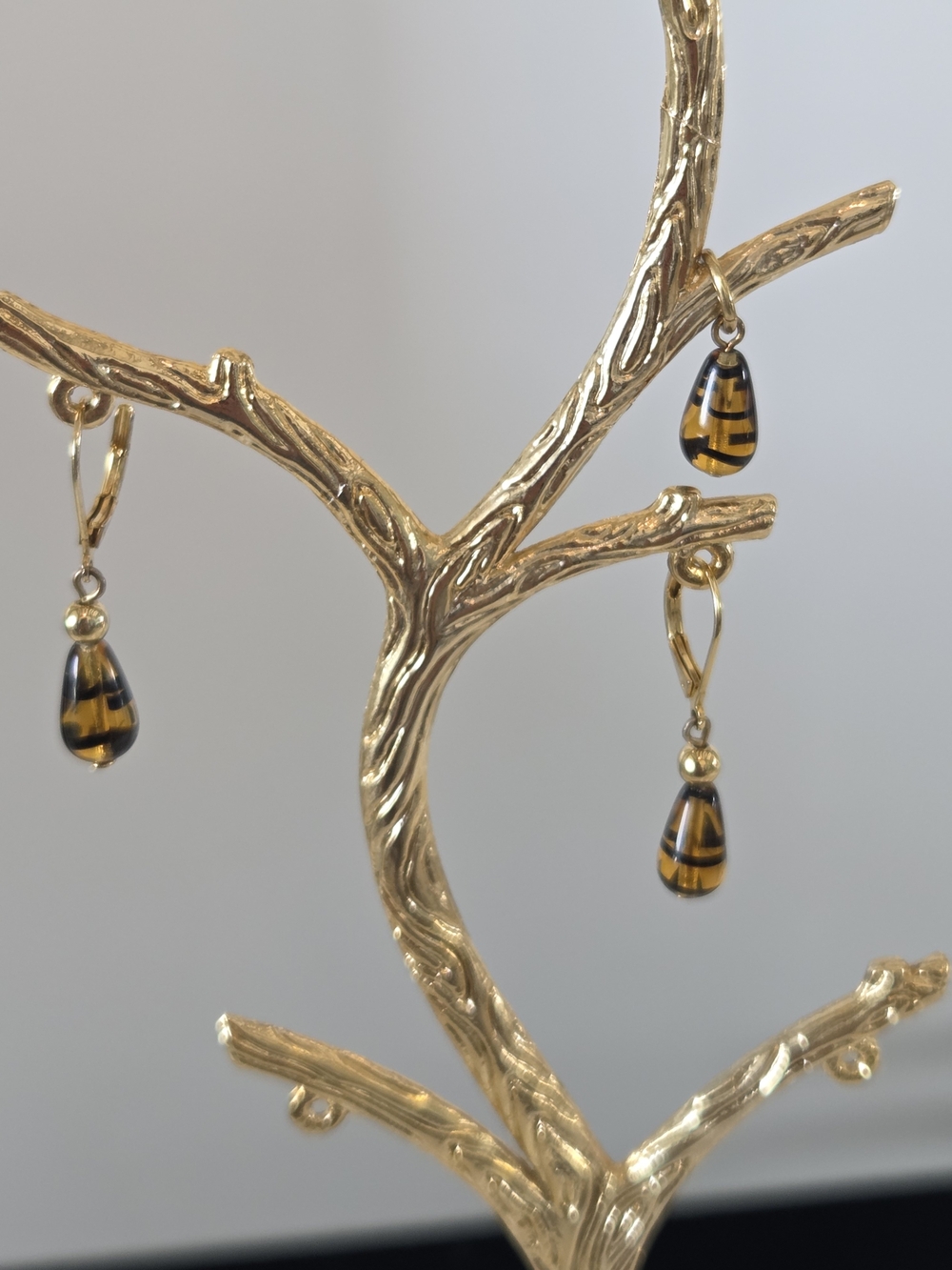 Gold-Tone Black & Amber Striped Teardrop Earrings